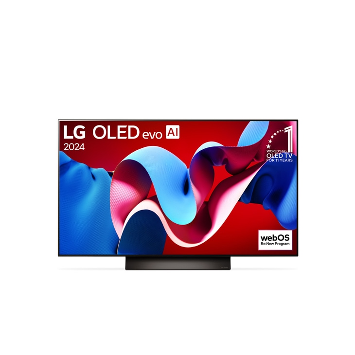 Vorderansicht mit LG OLED evo TV C4, Emblem „Bester OLED seit 11 Jahren“ und Logo „webOS Re:New-Programm“ auf dem Bildschirm