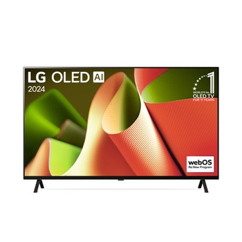 Frontansicht des LG OLED TV B4, 11 Jahre Nummer 1 Logo und webOS Re:New Programm-Logo auf dem Bildschirm mit 2-poligem Standfuß 		