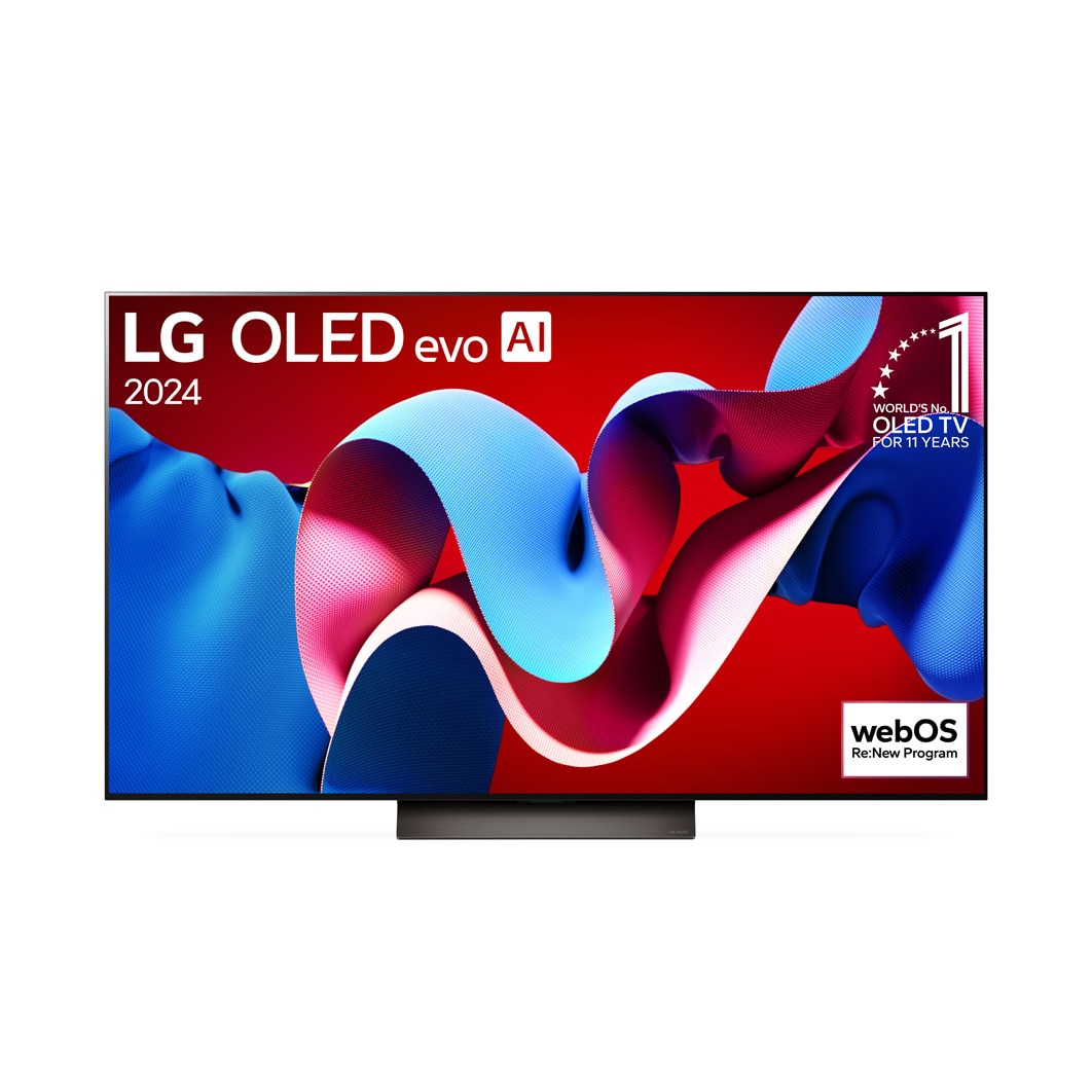 Vorderansicht mit LG OLED evo TV C4, Emblem „Bester OLED seit 11 Jahren“ und Logo „webOS Re:New-Programm“ auf dem Bildschirm