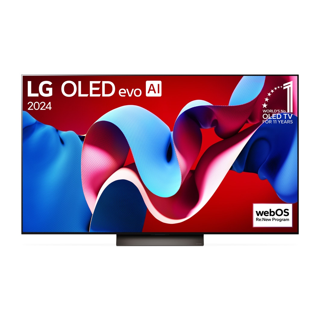 Vorderansicht mit LG OLED evo TV C4, Emblem „Bester OLED seit 11 Jahren“ und Logo „webOS Re:New-Programm“ auf dem Bildschirm