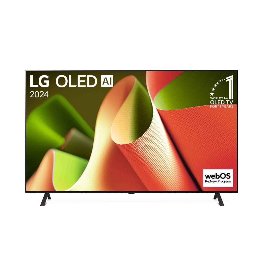 Frontansicht des LG OLED TV B4, 11 Jahre Nummer 1 Logo und webOS Re:New Programm-Logo auf dem Bildschirm mit 2-poligem Standfuß 		