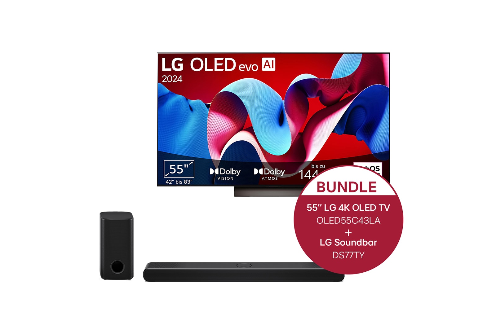 Vorderseite von 55 Zoll LG OLED evo C4 4K Smart TV &#43; 3.1.3 Kanal LG TV Soundbar DS77TY mit Dolby Atmos  OLED55C43LA.DS77TY