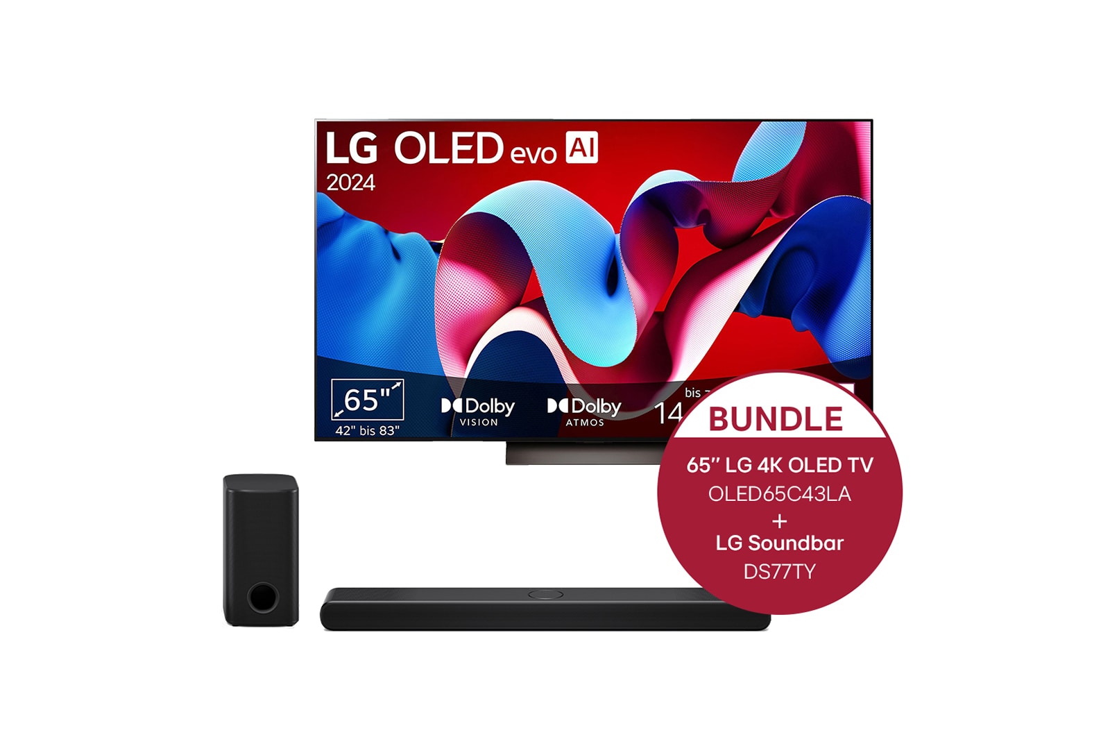 Vorderseite von 65 Zoll LG OLED evo C4 4K Smart TV &#43; 3.1.3 Kanal LG TV Soundbar DS77TY mit Dolby Atmos  OLED65C43LA.DS77TY