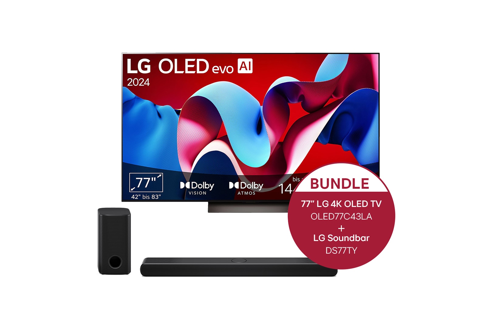 Vorderseite von 77 Zoll LG OLED evo C4 4K Smart TV &#43; 3.1.3 Kanal LG TV Soundbar DS77TY mit Dolby Atmos  OLED77C43LA.DS77TY