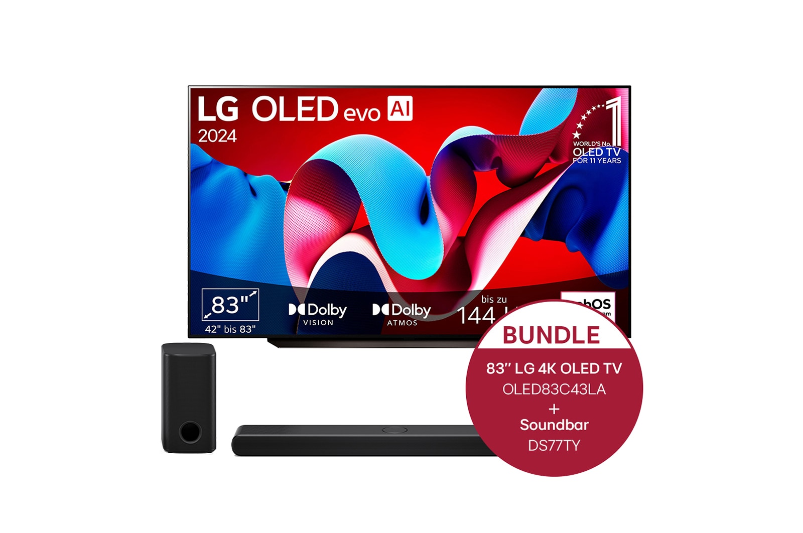Vorderseite von 83 Zoll LG OLED evo C4 4K Smart TV &#43; 3.1.3 Kanal LG TV Soundbar DS77TY mit Dolby Atmos  OLED83C43LA.DS77TY
