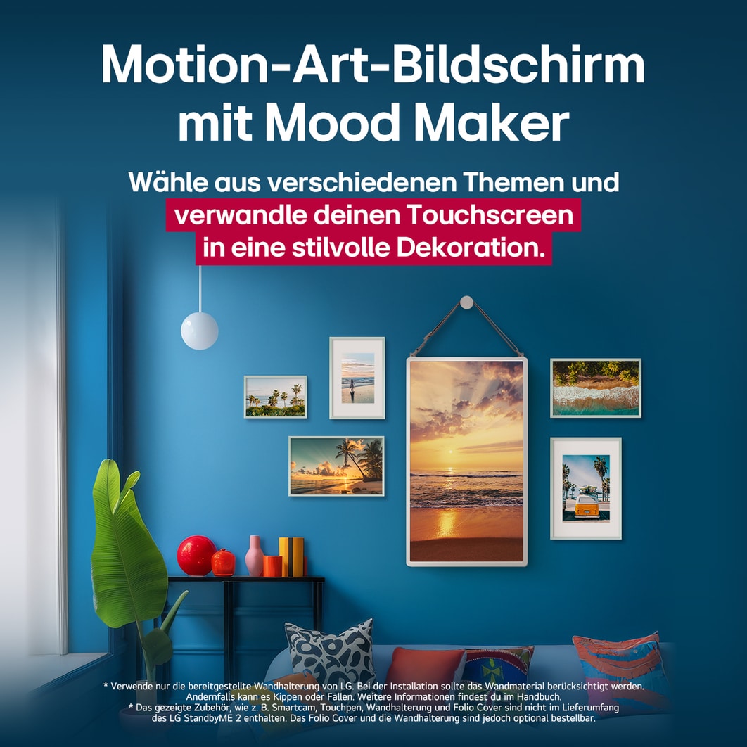 Der LG StanbyME 2 hängt an der Wand und präsentiert den Motion Art Screen. Mood Maker wird verwendet. Ein Artwork zeigt, wie er als stylische Ergänzung zu jedem Raum verwendet werden kann.