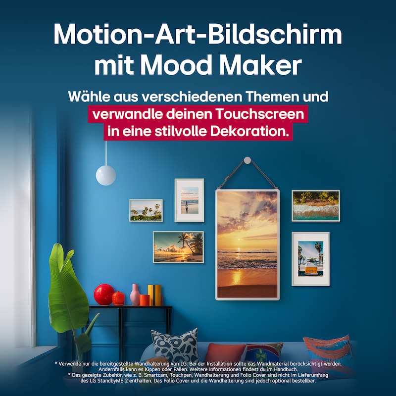 Der LG StanbyME 2 hängt an der Wand und präsentiert den Motion Art Screen. Mood Maker wird verwendet. Ein Artwork zeigt, wie er als stylische Ergänzung zu jedem Raum verwendet werden kann.