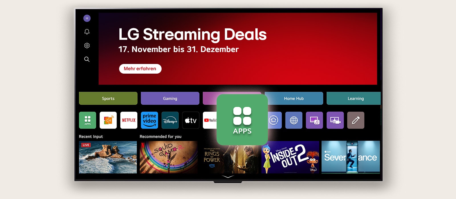 Der LG WebOS-Startbildschirm mit einem roten Kasten mit der Aufschrift „LG Streaming Week“