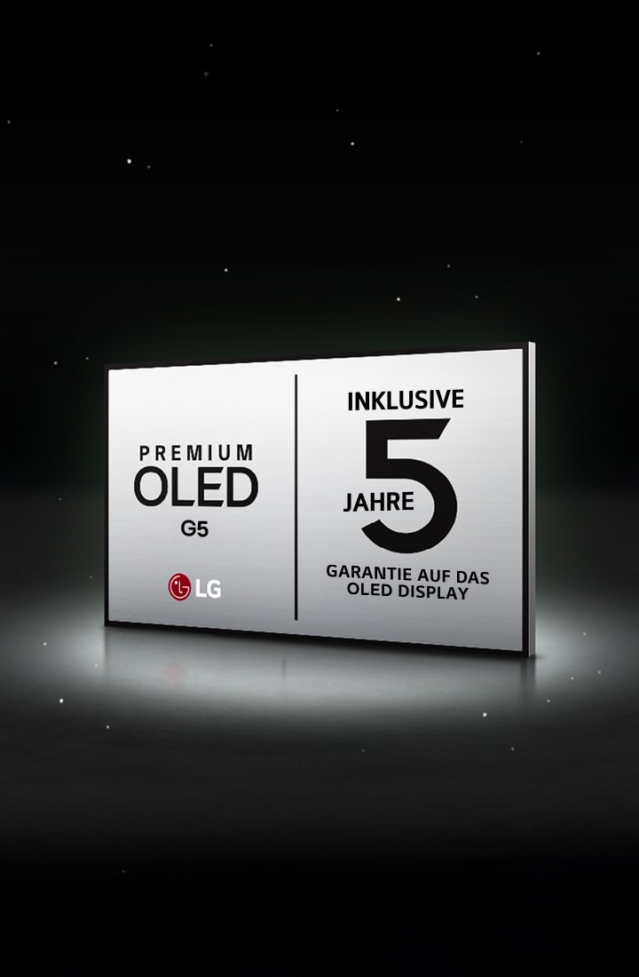 Das Logo von LG OLED Care+ und der 5-Jahre-Panel-Garantie erscheint vor schwarzem Hintergrund.