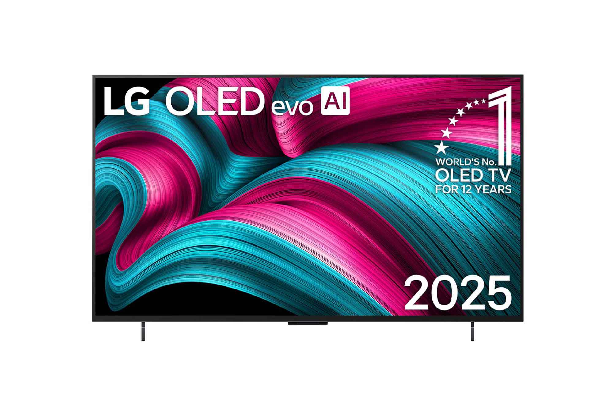 Frontansicht des LG OLED evo AI C5 4K Smart TV. Ein "12 Years of world number 1 OLED"-Emblem und das "LG OLED AI 2025"-Logo sind auf dem Bildschirm zu sehen.