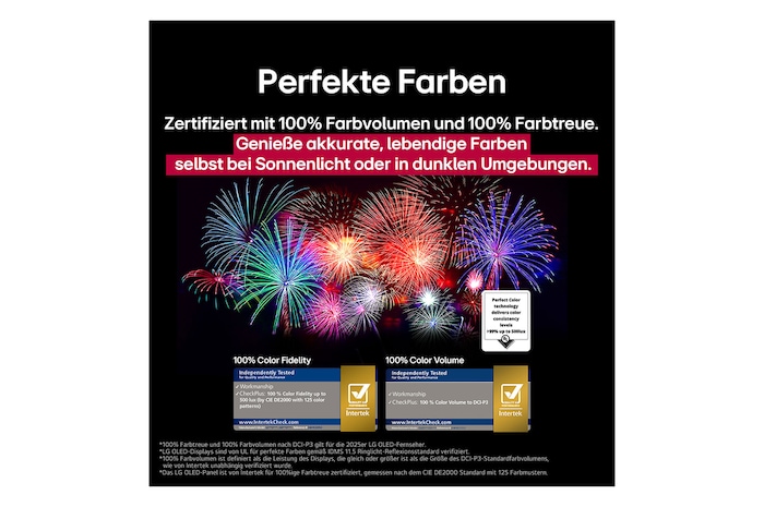 Ein Wohnzimmer mit einem an der Wand montierten LG OLED-Fernseher. Auf dem Fernseher ist eine Bergkette vor einem dunklen Abendhimmel voller Sterne zu sehen. Diese Szene ist in zwei Hälften geteilt. Die eine Seite zeigt eine trübe, graue Version der Landschaft mit der Bezeichnung Non Perfect Black Display.