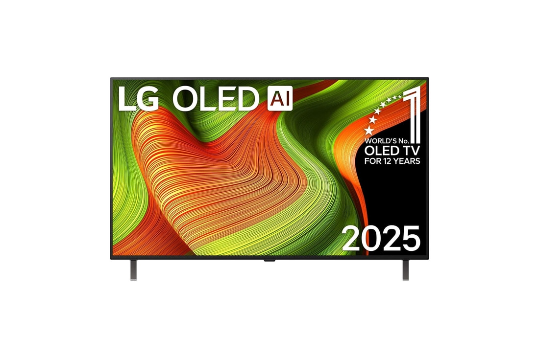 Frontansicht des LG OLED AI B5 4K Smart TV. "12 Years of world number 1 OLED"-Emblem und das "LG OLED AI 2025"-Logo sind auf dem Bildschirm zu sehen.