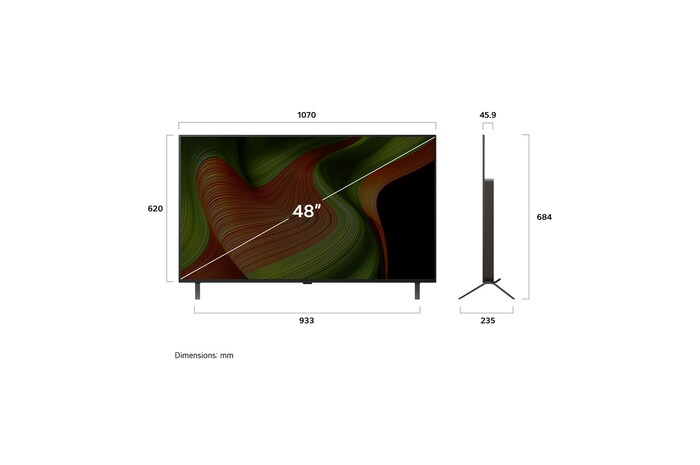 Frontansicht und Seitenansicht des LG OLED AI B5 4K Smart TV mit den Abmessungen der Länge, Breite, Höhe und Tiefe.