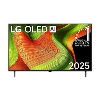 Frontansicht des LG OLED AI B5 4K Smart TV. "12 Years of world number 1 OLED"-Emblem und das "LG OLED AI 2025"-Logo sind auf dem Bildschirm zu sehen.