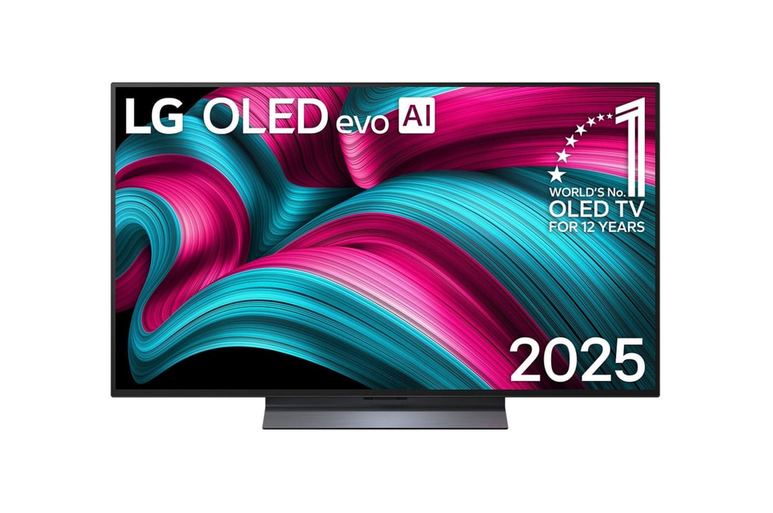 Frontansicht des LG OLED evo AI C5 4K Smart TV. Ein "12 Years of world number 1 OLED"-Emblem und das "LG OLED AI 2025"-Logo sind auf dem Bildschirm zu sehen.