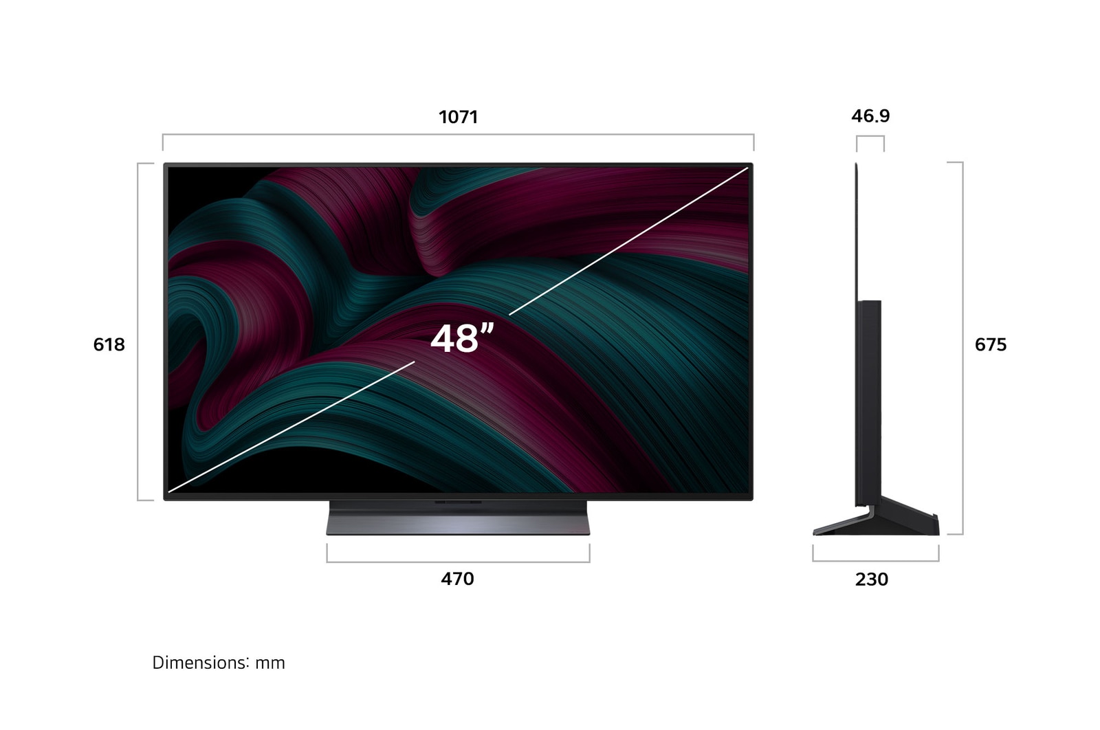 Frontansicht und Seitenansicht des LG OLED evo AI C5 4K Smart TV mit den Abmessungen der Länge, Breite, Höhe und Tiefe.