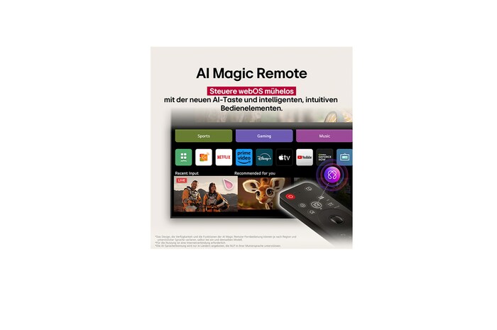 LG AI Magic Remote in the foreground. The AI button icon is highlighted. In the background is the LG webOS UI. The mouse cursor implies that the remote is in use. Text explains how the remote's functions and controls make navigating webOS easy. 