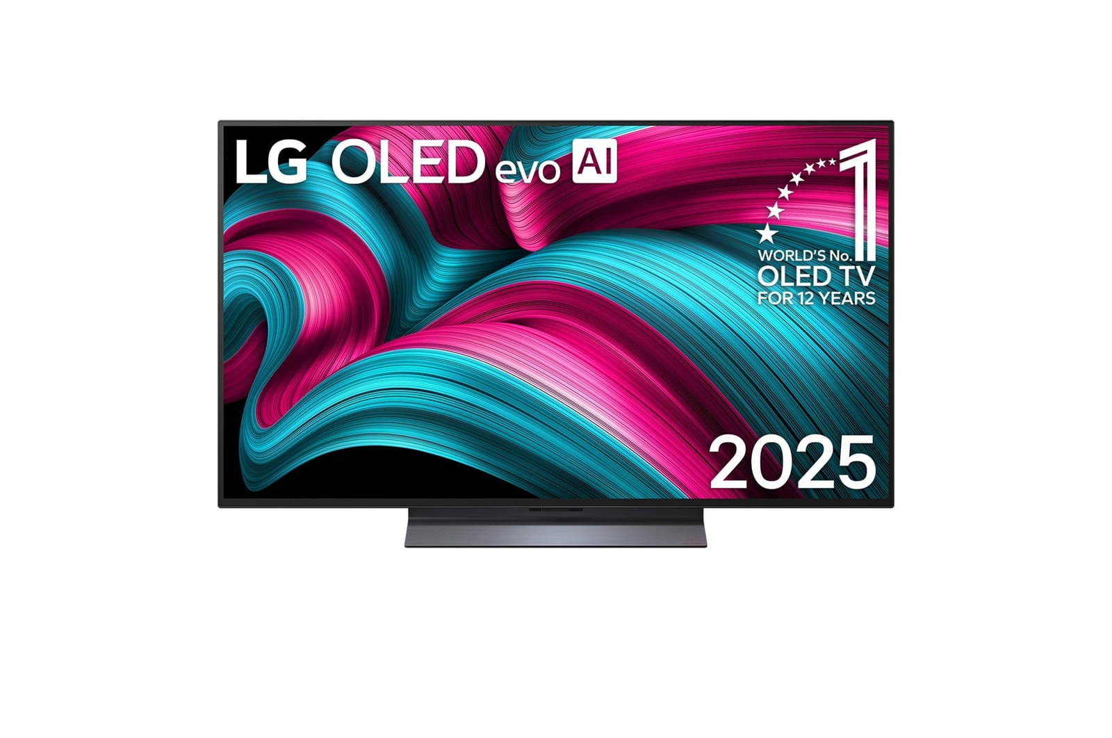 Front view of LG OLED evo AI C5 4K Smart TV. 12 Years of world number 1 OLED emblem and LG OLED evo AI 2025 logo are on the screen.