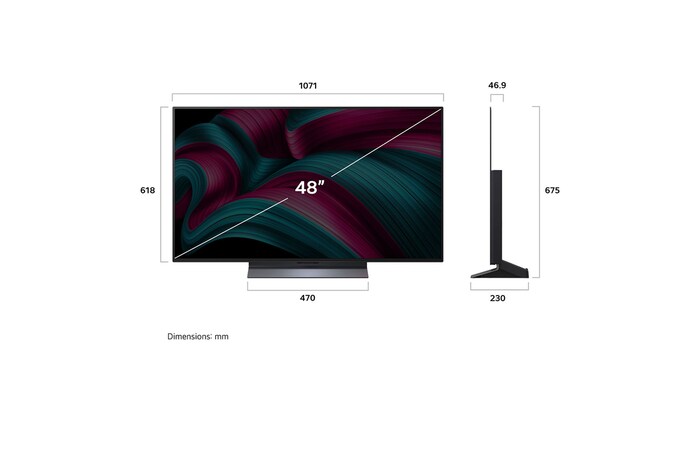 Front view and side view of LG OLED evo AI C5 4K Smart TV showing its length, width, height, and depth dimensions.