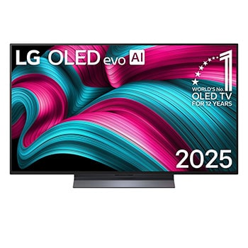 Front view of LG OLED evo AI C5 4K Smart TV. 12 Years of world number 1 OLED emblem and LG OLED evo AI 2025 logo are on the screen.