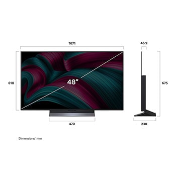 Front view and side view of LG OLED evo AI C5 4K Smart TV showing its length, width, height, and depth dimensions.
