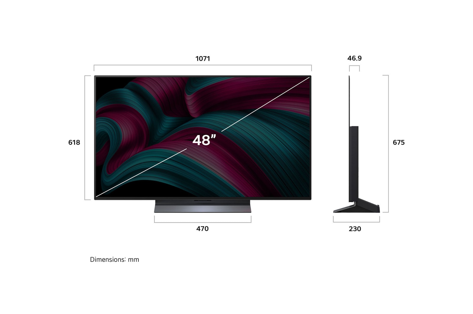 Frontansicht und Seitenansicht des LG OLED evo AI C5 4K Smart TV mit den Abmessungen der Länge, Breite, Höhe und Tiefe.