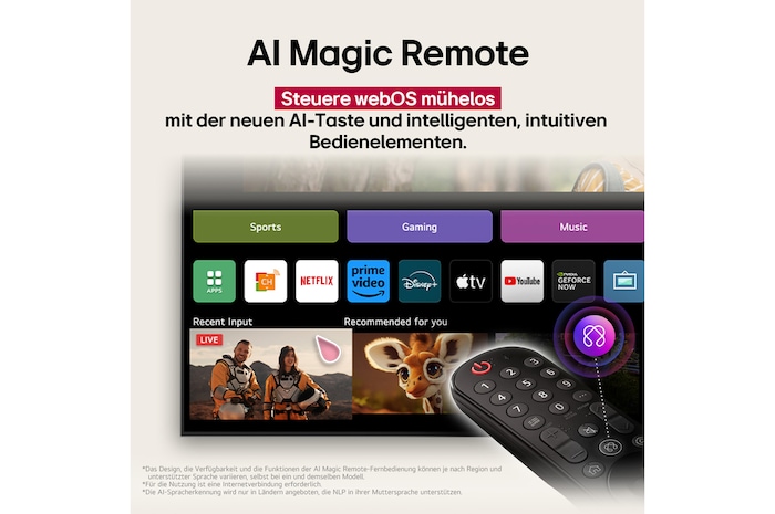 Auf dem Bildschirm eines LG OLED-Fernsehers befindet sich die webOS 25-Startseite, die mit Apps und Unterhaltungsinhalten gefüllt ist. Neben dem Fernseher befindet sich die LG AI Magic Remote-Fernbedienung. Der AI Button ist hervorgehoben, als ob sie durch die Stimme des Benutzers aktiviert wurde. Daneben befindet sich eine Sprechblase, die auf "Mein Profil" umschaltet. Der kurze Text erklärt, wie Nutzer nun ihre Stimme mit ihrem persönlichen Profil synchronisieren können, um eine einfachere Navigation und personalisierte Empfehlungen zu erhalten.