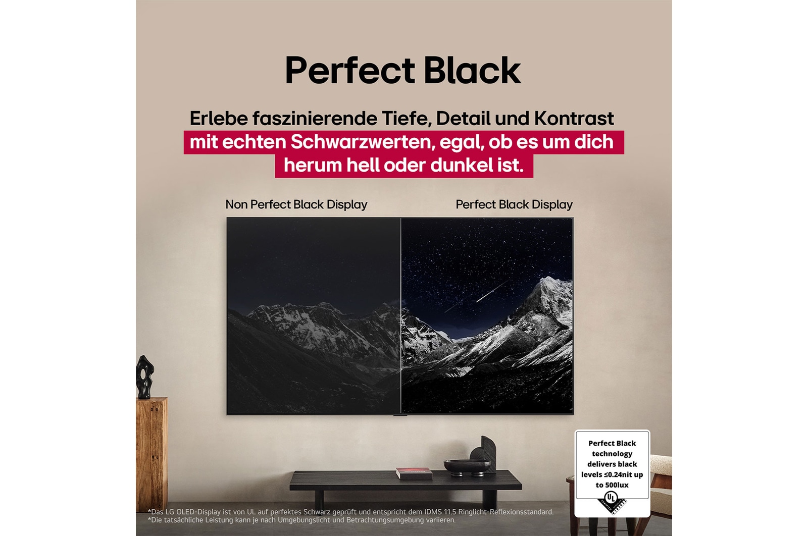 Ein Wohnzimmer mit einem an der Wand montierten LG OLED-Fernseher. Auf dem Fernseher ist eine Bergkette vor einem dunklen Abendhimmel voller Sterne zu sehen. Diese Szene ist in zwei Hälften geteilt. Die eine Seite zeigt eine trübe, graue Version der Landschaft mit der Bezeichnung Non Perfect Black Display. Auf der anderen Seite ist ein angenehmeres Bild mit einem größeren Dynamikbereich von Schwarz und Weiß zu sehen. Dies ist mit Perfect Black Display gekennzeichnet. Auch die Logo-Zertifizierung ist sichtbar: Perfect Black Technology liefert Schwarzwerte von 0,24 nit oder weniger bis zu 500 Lux. 