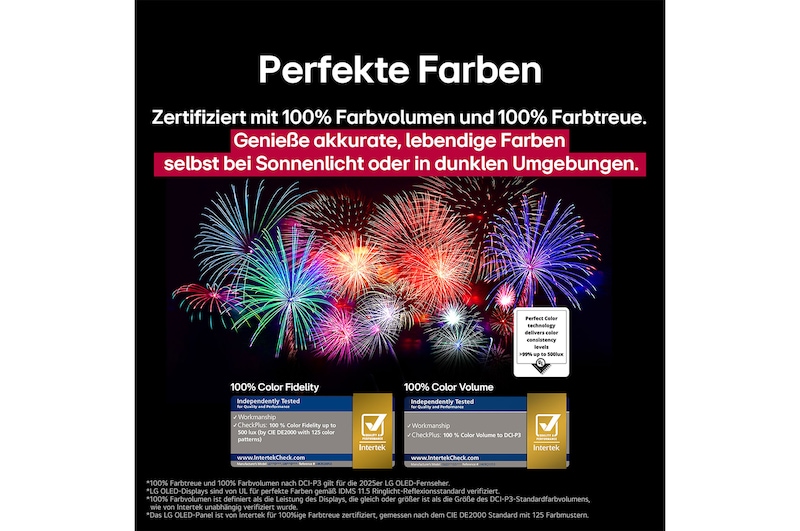Bunter Papagei in ultrahoher Auflösung vor schwarzem Hintergrund. Rundherum schweben Wassertropfen in der Luft. Das Bild präsentiert Perfect Color, wobei jeder einzelne Farbton auf dem Körper des Papageis leuchtend und lebendig ist. Der dunkle Hintergrund mit den detaillierten Wasserspritzern unterstreicht außerdem, dass der Bildschirm reflexionsfrei ist. Verschiedene Logo-Zertifizierungen von UL und Intertek sind sichtbar. Diese beziehen sich auf seine 100%ige Farbtreue, sein 100%iges Farbvolumen und seine Reflexionsfreiheit. Auch Text ist sichtbar, „schau dir das Prüfzeichen für Perfect Color an“.