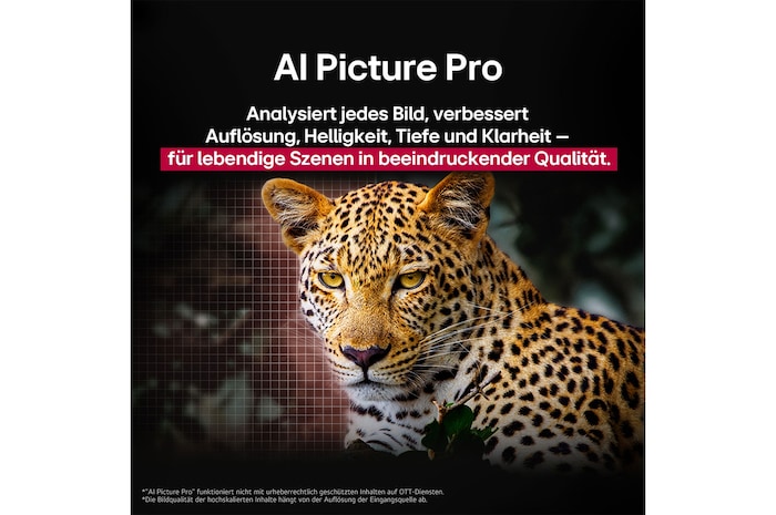 Leopard im Wald in leuchtenden Farben und Details. Neben dem Leopard ist ein Gitternetz zu sehen. Hinter ihm leuchtet ein Licht. Das Bild zeigt, wie LG AI Picture Pro die Auflösung, Helligkeit, Tiefe und Klarheit der Szene eindrucksvoll verbessert hat.