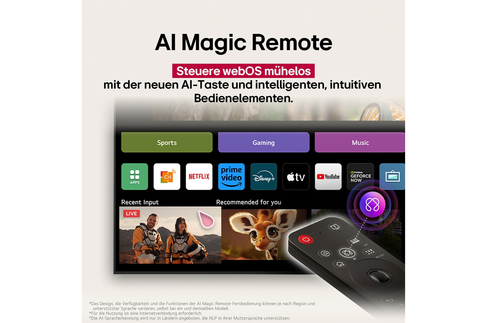 LG AI Magic Remote-Fernbedienung im Vordergrund. Der AI Button ist hervorgehoben. Im Hintergrund ist die LG webOS-Oberfläche zu sehen. Der Mauszeiger zeigt an, dass die Fernbedienung in Gebrauch ist. Der Text erklärt, wie die Funktionen und Bedienelemente der Fernbedienung das Navigieren in webOS erleichtern. 