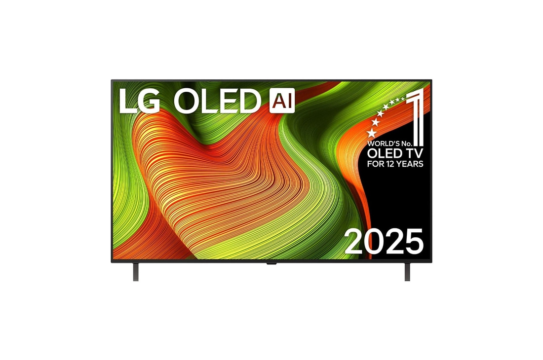 Frontansicht des LG OLED AI B5 4K Smart TV. "12 Years of world number 1 OLED"-Emblem und das "LG OLED AI 2025"-Logo sind auf dem Bildschirm zu sehen.