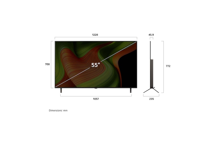 Frontansicht und Seitenansicht des LG OLED AI B5 4K Smart TV mit den Abmessungen der Länge, Breite, Höhe und Tiefe.