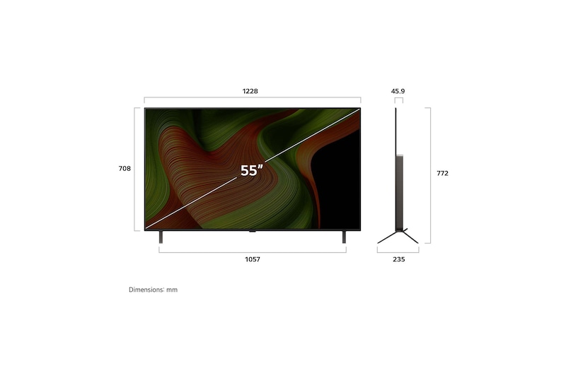 Frontansicht und Seitenansicht des LG OLED AI B5 4K Smart TV mit den Abmessungen der Länge, Breite, Höhe und Tiefe.