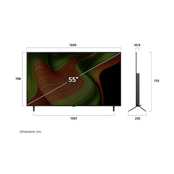 Frontansicht und Seitenansicht des LG OLED AI B5 4K Smart TV mit den Abmessungen der Länge, Breite, Höhe und Tiefe.