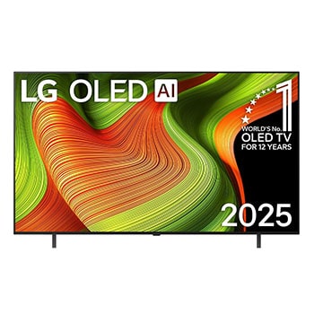 Frontansicht des LG OLED AI B5 4K Smart TV. "12 Years of world number 1 OLED"-Emblem und das "LG OLED AI 2025"-Logo sind auf dem Bildschirm zu sehen.