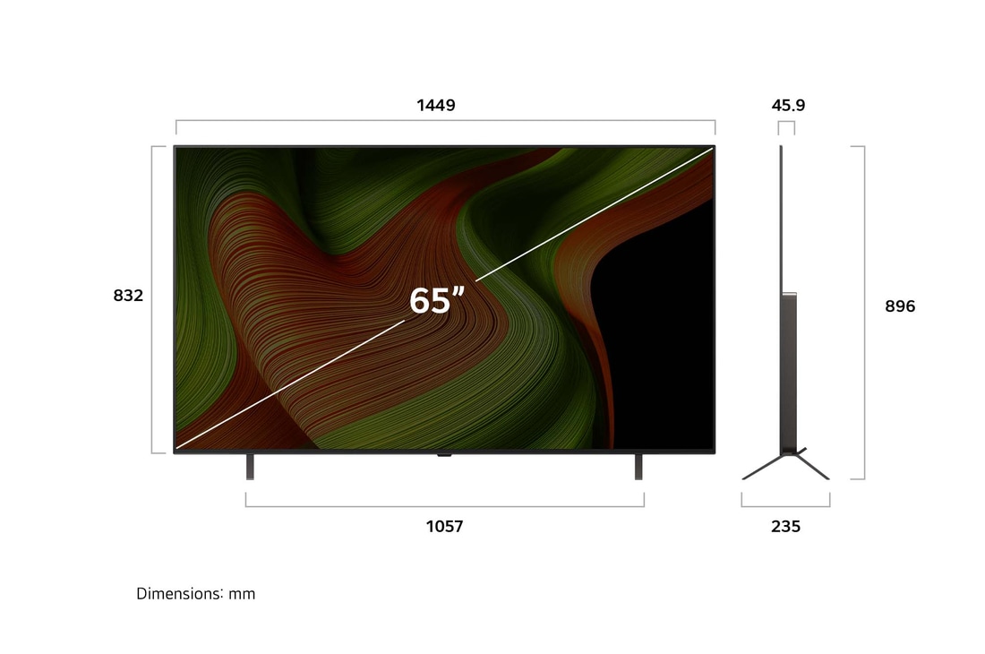 Frontansicht und Seitenansicht des LG OLED AI B5 4K Smart TV mit den Abmessungen der Länge, Breite, Höhe und Tiefe.