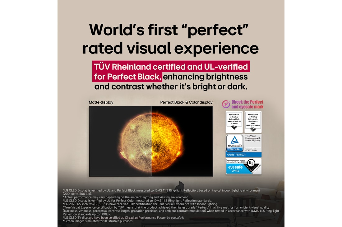 LG OLED TV showing a visual comparison between a display with Perfect Color and Perfect Black and one without. UL, TÜV, and eyesafe certifications are visible, with text prompting to check the marks.