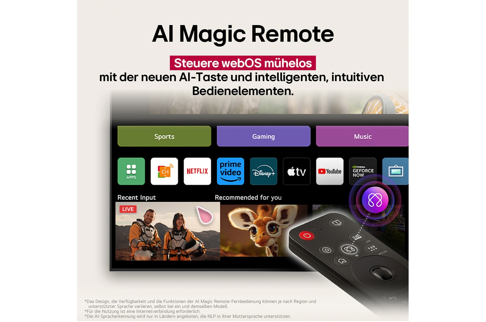 Auf dem Bildschirm eines LG OLED-Fernsehers befindet sich die webOS 25-Startseite, die mit Apps und Unterhaltungsinhalten gefüllt ist. Neben dem Fernseher befindet sich die LG AI Magic Remote-Fernbedienung. Der AI Button ist hervorgehoben, als ob sie durch die Stimme des Benutzers aktiviert wurde. Daneben befindet sich eine Sprechblase, die auf "Mein Profil" umschaltet. Der kurze Text erklärt, wie Nutzer nun ihre Stimme mit ihrem persönlichen Profil synchronisieren können, um eine einfachere Navigation und personalisierte Empfehlungen zu erhalten.