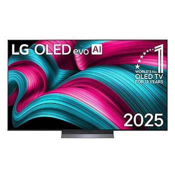 Frontansicht des LG OLED evo AI C5 4K Smart TV. Ein "12 Years of world number 1 OLED"-Emblem und das "LG OLED AI 2025"-Logo sind auf dem Bildschirm zu sehen.