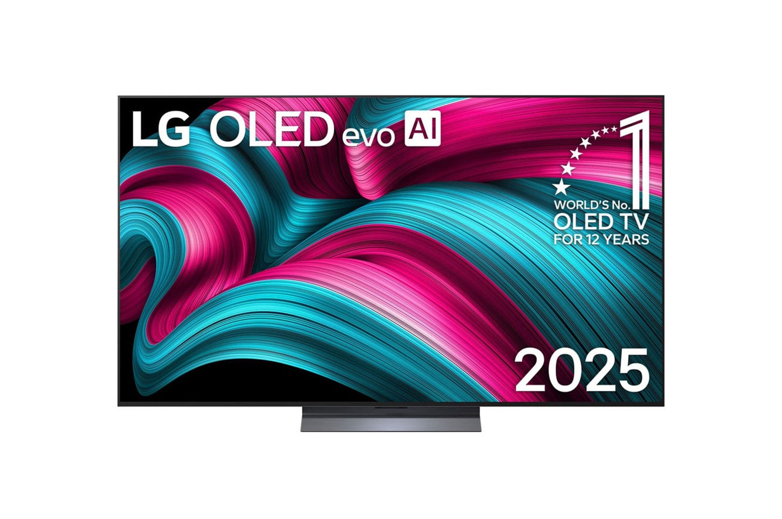 Frontansicht des LG OLED evo AI C5 4K Smart TV. Ein "12 Years of world number 1 OLED"-Emblem und das "LG OLED AI 2025"-Logo sind auf dem Bildschirm zu sehen.