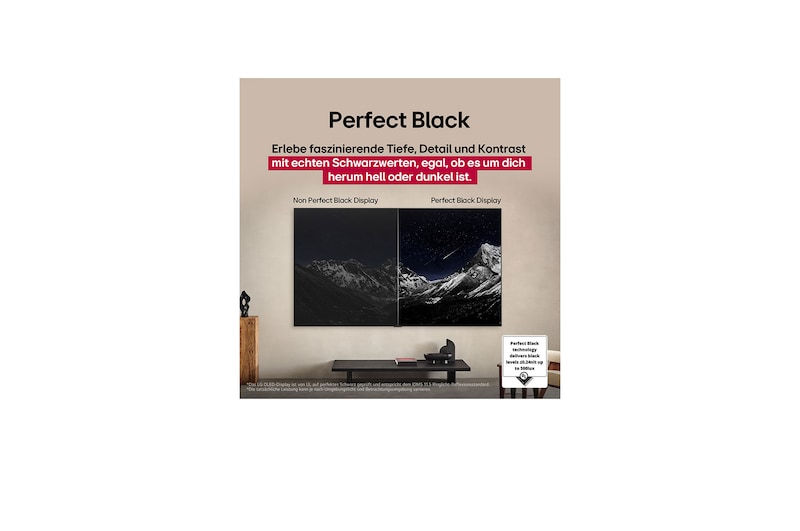 Living room space with a wall-mounted LG OLED TV. On the TV is a mountain range against a dark evening sky filled with stars. This scene is split in half. One side shows a duller, grayer version of the landscape labeled, Non Perfect Black display. On the other side is a more pleasing picture with a larger dynamic range of blacks and whites. This is labeled, Perfect Black display. Logo certification is also visible, Perfect Black Technology delivers black levels less than or equal to 0.24 nit up to 500 lux. 