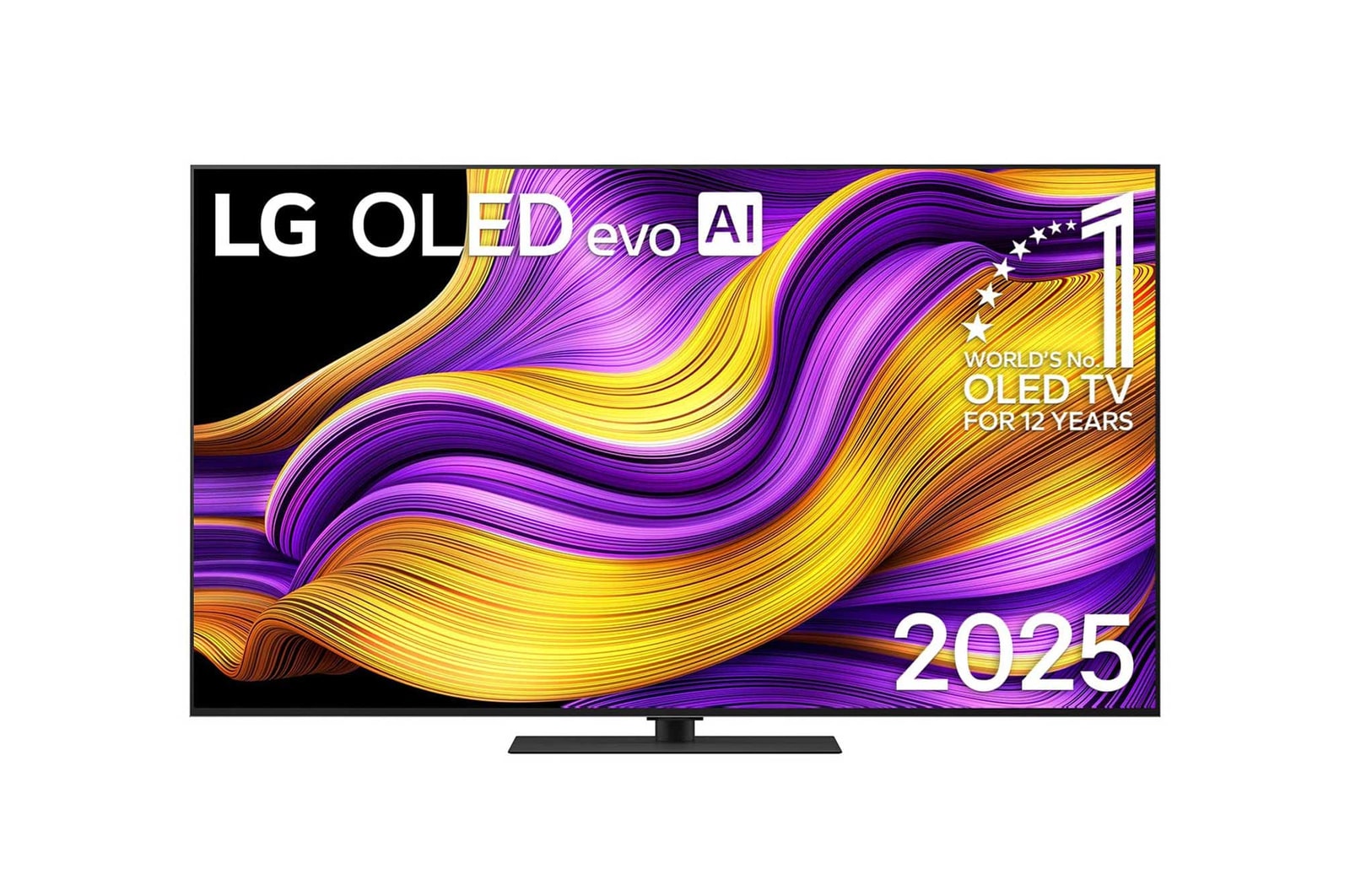 Frontansicht des LG OLED evo AI G5 4K Smart TV. Ein "12 Years of world number 1 OLED"-Emblem und das "LG OLED AI 2025"-Logo sind auf dem Bildschirm zu sehen.