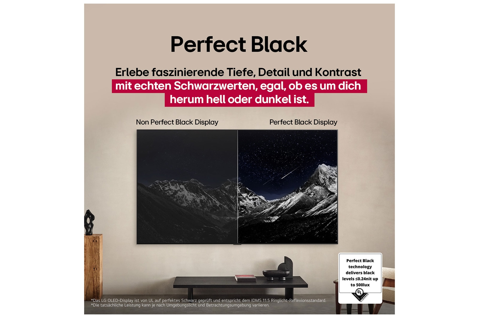 Ein Wohnzimmer mit einem an der Wand montierten LG OLED-Fernseher. Auf dem Fernseher ist eine Bergkette vor einem dunklen Abendhimmel voller Sterne zu sehen. Diese Szene ist in zwei Hälften geteilt. Die eine Seite zeigt eine trübe, graue Version der Landschaft mit der Bezeichnung Non Perfect Black Display. Auf der anderen Seite ist ein angenehmeres Bild mit einem größeren Dynamikbereich von Schwarz und Weiß zu sehen. Dies ist mit Perfect Black Display gekennzeichnet. Auch die Logo-Zertifizierung ist sichtbar: Perfect Black Technology liefert Schwarzwerte von 0,24 nit oder weniger bis zu 500 Lux. 
