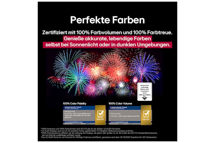 Bunter Papagei in ultrahoher Auflösung vor schwarzem Hintergrund. Rundherum schweben Wassertropfen in der Luft. Das Bild präsentiert Perfect Color, wobei jeder einzelne Farbton auf dem Körper des Papageis leuchtend und lebendig ist. Der dunkle Hintergrund mit den detaillierten Wasserspritzern unterstreicht außerdem, dass der Bildschirm reflexionsfrei ist. Verschiedene Logo-Zertifizierungen von UL und Intertek sind sichtbar. Diese beziehen sich auf seine 100%ige Farbtreue, sein 100%iges Farbvolumen und seine Reflexionsfreiheit. Auch Text ist sichtbar, „schau dir das Prüfzeichen für Perfect Color an“.