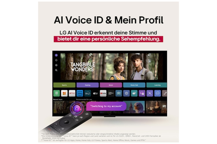 LG TV-Bildschirm mit einer AI Magic Remote im Vordergrund. Die KI-Schaltfläche ist hervorgehoben und eine Sprechblase zeigt den Text „Schlage einen Film vor, der mir gefällt“. Auf dem Bildschirm sehen wir das Benutzersymbol E, das anzeigt, dass AI Voice ID in der Lage war, den Benutzer zu identifizieren und personalisierte Empfehlungen allein auf der Grundlage seiner Stimme zu geben. 
