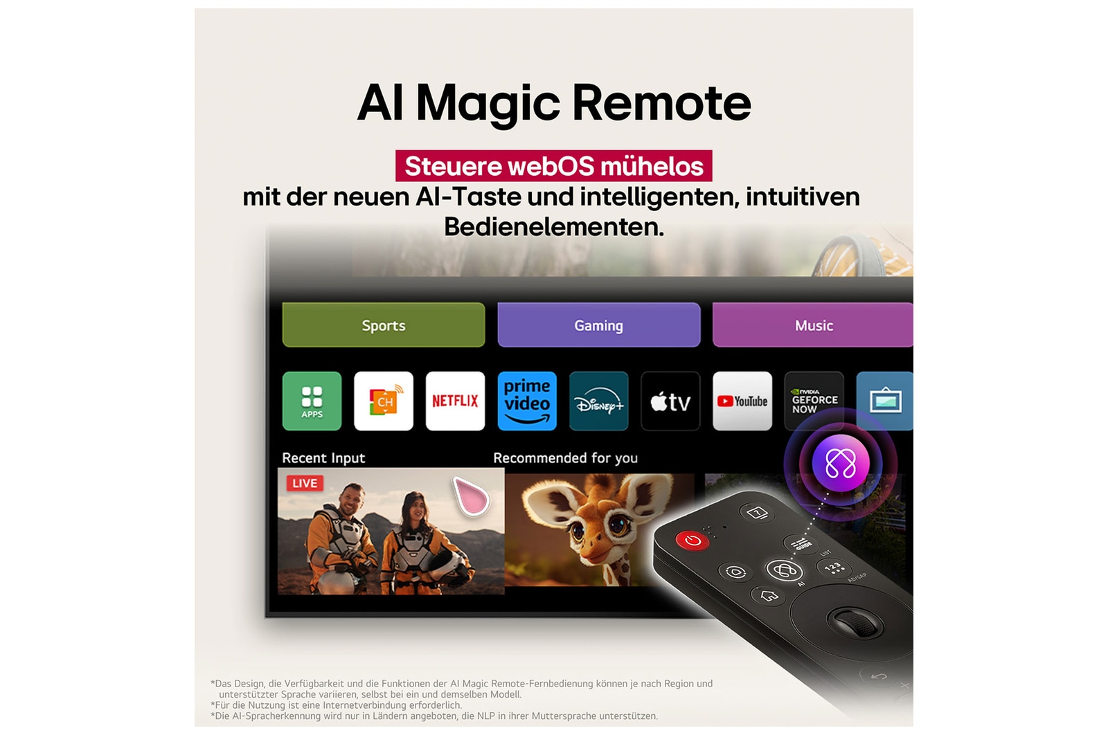 LG AI Magic Remote-Fernbedienung im Vordergrund. Der AI Button ist hervorgehoben. Im Hintergrund ist die LG webOS-Oberfläche zu sehen. Der Mauszeiger zeigt an, dass die Fernbedienung in Gebrauch ist. Der Text erklärt, wie die Funktionen und Bedienelemente der Fernbedienung das Navigieren in webOS erleichtern. 