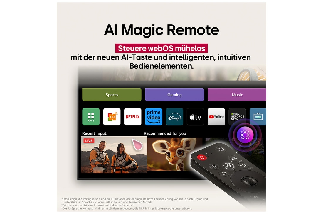 LG AI Magic Remote mit hervorgehobener KI-Schaltfläche. Rundherum befinden sich die verschiedenen Funktionen, auf die ein Benutzer über die Schaltfläche zugreifen kann. AI Voice ID, AI Search, AI Chatbot, AI Concierge, AI Picture Wizard, AI Sound Wizard. Der Text erklärt, dass die LG AI Magic Remote dein KI-Erlebnis mit einer speziellen KI-Schaltfläche vervollständigt und wie eine Maus in der Luft verwendet werden kann. Einfach zeigen und klicken.