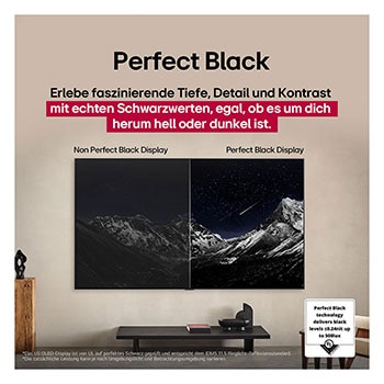 Ein Wohnzimmer mit einem an der Wand montierten LG OLED-Fernseher. Auf dem Fernseher ist eine Bergkette vor einem dunklen Abendhimmel voller Sterne zu sehen. Diese Szene ist in zwei Hälften geteilt. Die eine Seite zeigt eine trübe, graue Version der Landschaft mit der Bezeichnung Non Perfect Black Display. Auf der anderen Seite ist ein angenehmeres Bild mit einem größeren Dynamikbereich von Schwarz und Weiß zu sehen. Dies ist mit Perfect Black Display gekennzeichnet. Auch die Logo-Zertifizierung ist sichtbar: Perfect Black Technology liefert Schwarzwerte von 0,24 nit oder weniger bis zu 500 Lux. 