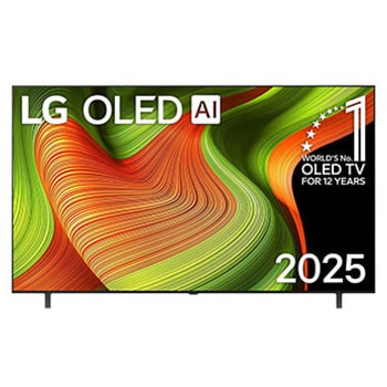 Frontansicht des LG OLED AI B5 4K Smart TV. "12 Years of world number 1 OLED"-Emblem und das "LG OLED AI 2025"-Logo sind auf dem Bildschirm zu sehen.